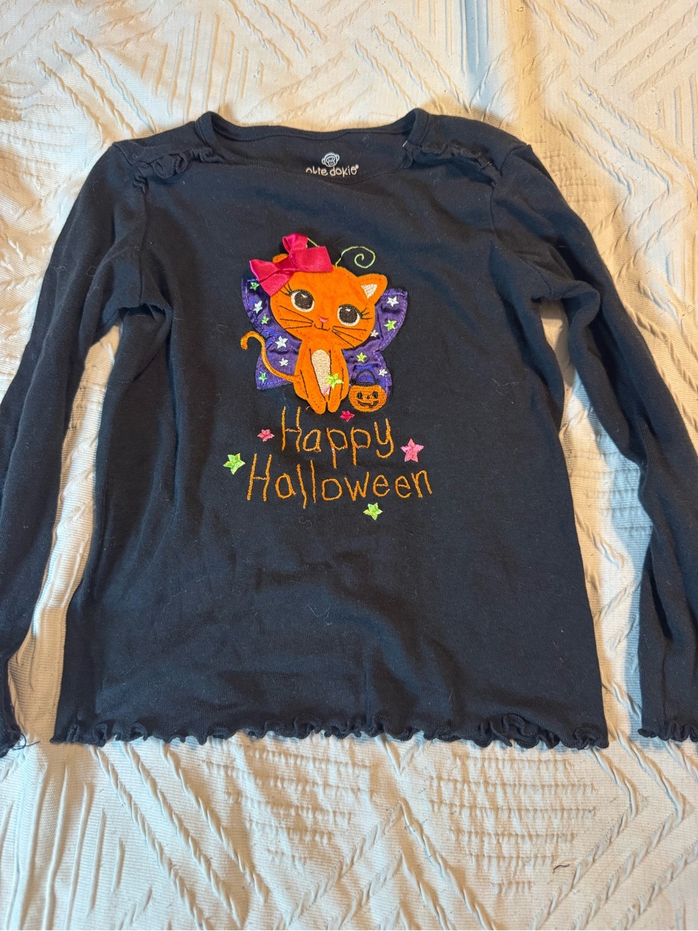 okie dokie Black Long-Sleeve Halloween Cat Top with Orange Cat and Purple Wings